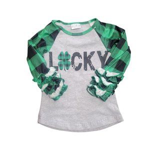 Lucky St. Patricks Day Girls Raglan Shirt With Green Plaid Sleeves 6-9 Months